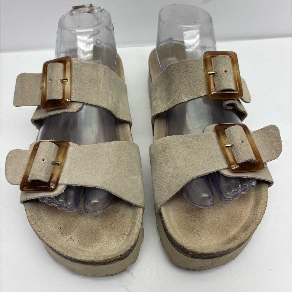 Bio Green Beige Suede Double Buckle Slide Sandals, SZ 40 EU, box 40